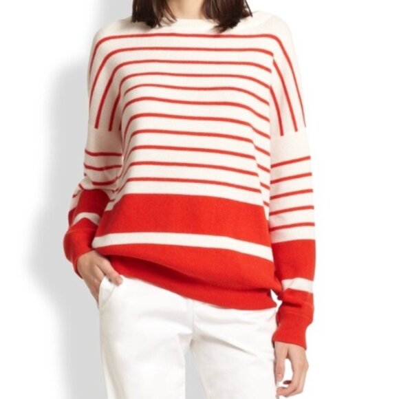 Vince 100% Cashmere Striped Crewneck Sweater - Red Cream - size M - Picture 1 of 9